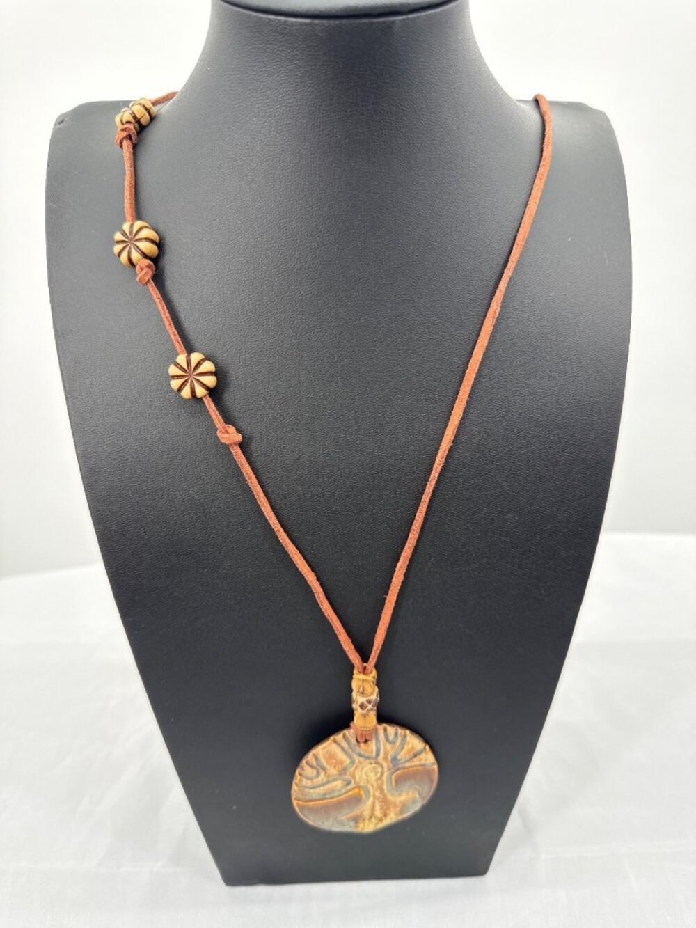 Boho Ceramic Tree of Life Pendant Necklace Suede Cord Flower Bead